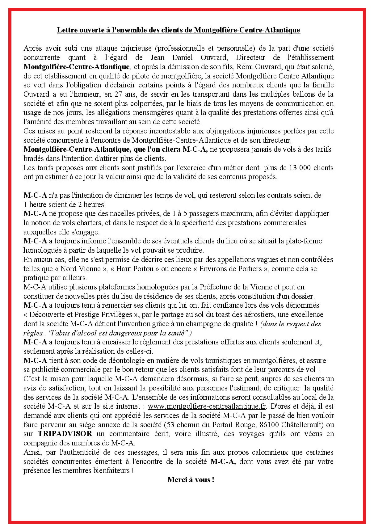 LETTRE OUVERTE AUX CLIENTS DE MONTGOLFIERE CENTRE ATLANTIQUE 1-6-2020