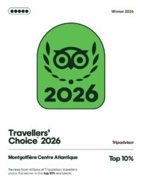 "Félicitations à Montgolfière Centre Atlantique d'être un lauréat Travellers' Choice. Chaque année, nous épluchons les avis, les notes et les favoris des voyageurs du monde entier et nous utilisons ces informations pour récompenser la crème de la crème. Vous faites partie d'un groupe exclusif et nous souhaitons vous aider à célébrer cette réussite majeure !"